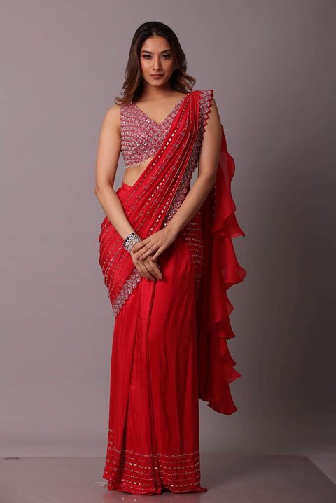 Cherry Red Bandhani Silk Saree – Leemboodi