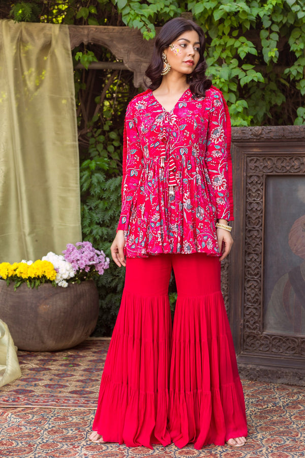 Chhavvi Aggarwal-Red Printed Tunic With Sharara-INDIASPOPUP.COM