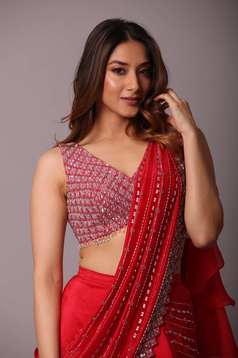 Vishal Prints Cherry Red Chiffon Saree With Diamond Work And Fancy Zar