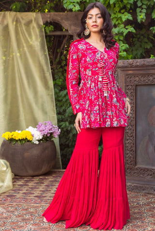 Chhavvi Aggarwal-Red Printed Tunic With Sharara-INDIASPOPUP.COM