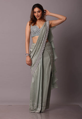 Disha Patil-Sage Green Draped Sari With Blouse-INDIASPOPUP.COM