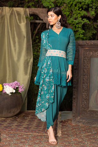 Chhavvi Aggarwal-Teal Tunic With Dhoti & Attached Dupatta-INDIASPOPUP.COM