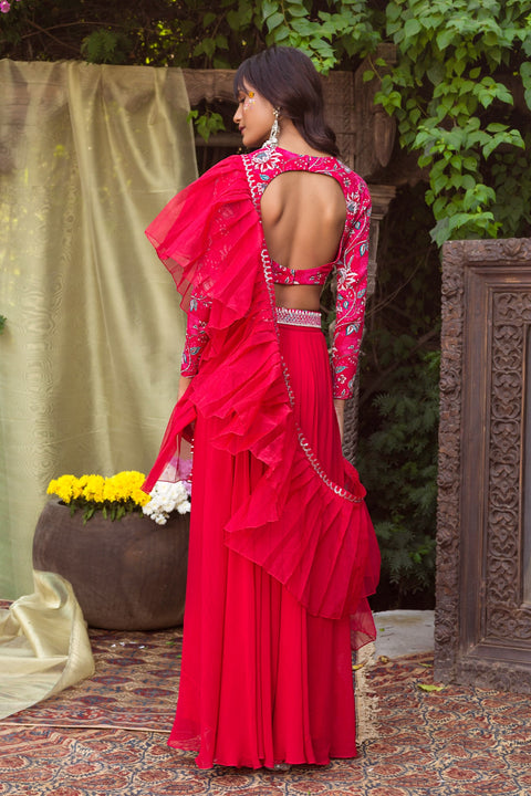 Chhavvi Aggarwal-Red Palazzo With Blouse & Dupatta-INDIASPOPUP.COM