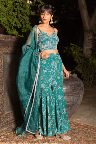 Chhavvi Aggarwal-Teal Sharara Crop Blouse & Dupatta-INDIASPOPUP.COM