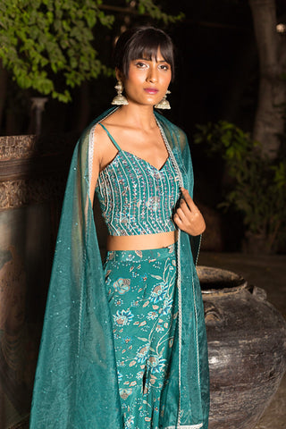 Chhavvi Aggarwal-Teal Sharara Crop Blouse & Dupatta-INDIASPOPUP.COM