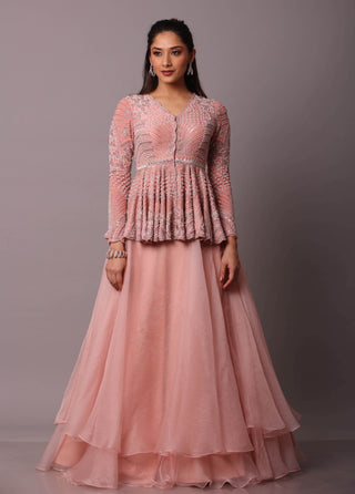 Disha Patil-Pink Embellished Peplum With Layered Skirt-INDIASPOPUP.COM