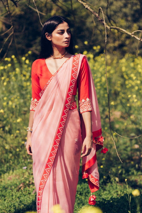 Madsam Tinzin-Pyazi Pink & Poppy Red Saree With Blouse-INDIASPOPUP.COM