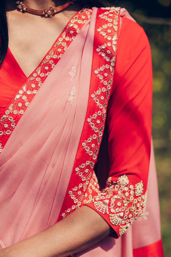 Madsam Tinzin-Pyazi Pink & Poppy Red Saree With Blouse-INDIASPOPUP.COM