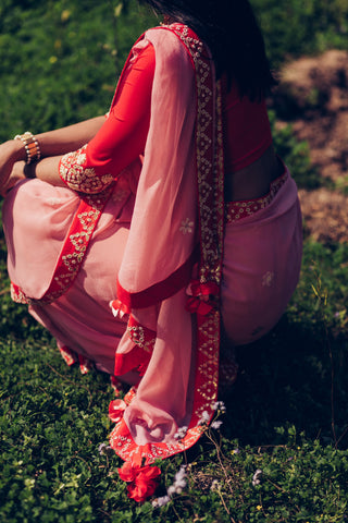 Madsam Tinzin-Pyazi Pink & Poppy Red Saree With Blouse-INDIASPOPUP.COM