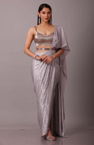 Disha Patil-Silver Shimmer Sari Set-INDIASPOPUP.COM