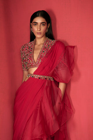 Deep Fuschia Draped Ruffle Saree Set