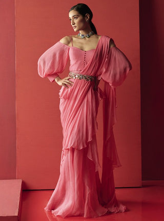 Vintage Rose Draped Ruffle Saree Set