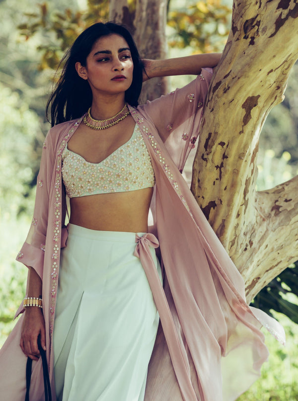 Madsam Tinzin-Eggshell Blue & Mauve Cape With Pants-INDIASPOPUP.COM