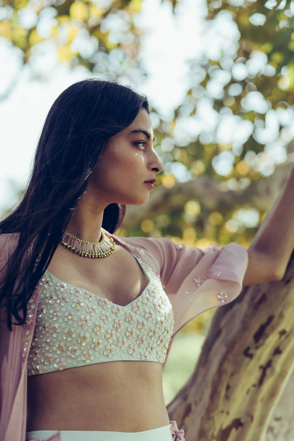 Madsam Tinzin-Eggshell Blue & Mauve Cape With Pants-INDIASPOPUP.COM