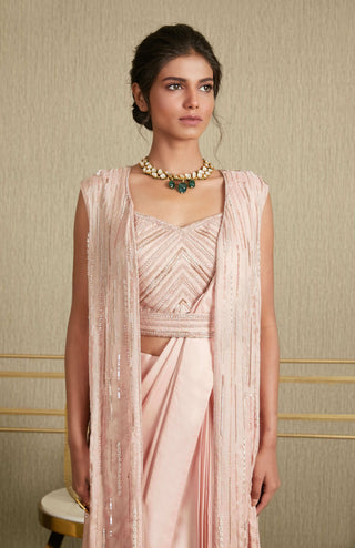 Charu & Vasundhara-Pink Jacket With Blouse And Satin Saree-INDIASPOPUP.COM