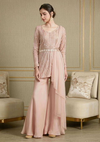 Charu & Vasundhara-Pink Kurta Set With Embroidered Belt-INDIASPOPUP.COM