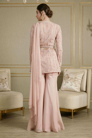 Charu & Vasundhara-Pink Kurta Set With Embroidered Belt-INDIASPOPUP.COM