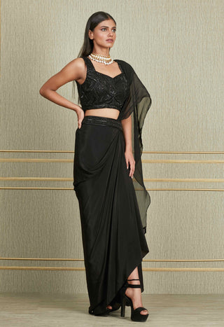 Charu & Vasundhara-Black High Low Jacket With Skirt And Blouse-INDIASPOPUP.COM