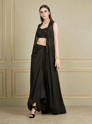 Charu & Vasundhara-Black High Low Jacket With Skirt And Blouse-INDIASPOPUP.COM