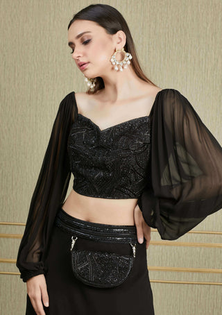 Charu & Vasundhara-Black Geometric Embroidered Lehenga Set-INDIASPOPUP.COM