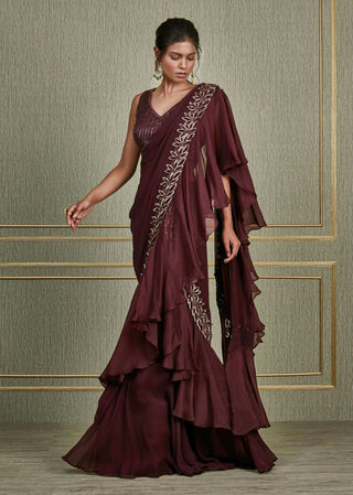 Charu & Vasundhara-Purple Chiffon Ruffled Saree-INDIASPOPUP.COM