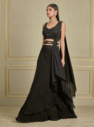 Charu & Vasundhara-Black Skirt Set With Embroidered Bustier And Belt-INDIASPOPUP.COM