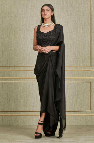 Charu & Vasundhara-Black Saree With Embroidered Belt-INDIASPOPUP.COM