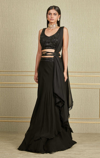 Charu & Vasundhara-Black Skirt Set With Embroidered Bustier And Belt-INDIASPOPUP.COM