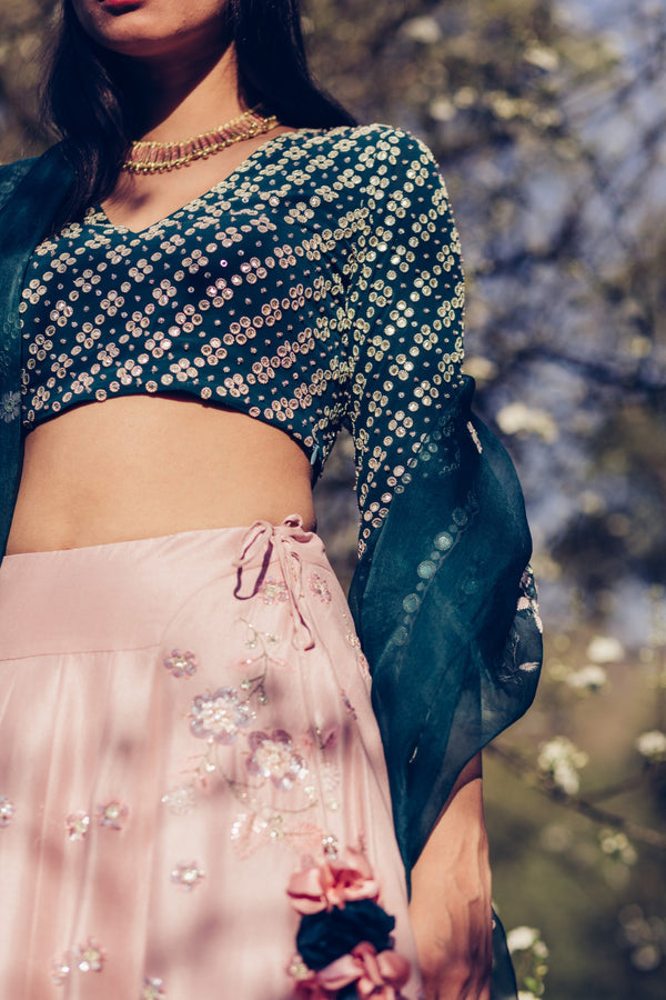 Madsam Tinzin-Forest Green & Mauve Lehenga Set-INDIASPOPUP.COM