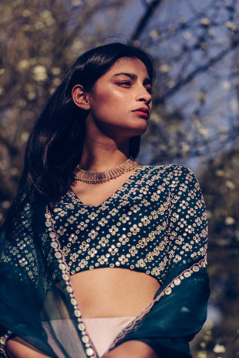 Madsam Tinzin-Forest Green & Mauve Lehenga Set-INDIASPOPUP.COM