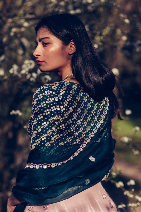 Madsam Tinzin-Forest Green & Mauve Lehenga Set-INDIASPOPUP.COM
