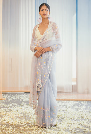Madsam Tinzin-Misty Blue Embroidered Saree Set-INDIASPOPUP.COM
