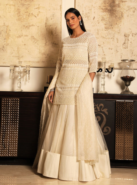 Niharika Kamani-Ivory Kurti & Lehenga With Bustier-INDIASPOPUP.COM