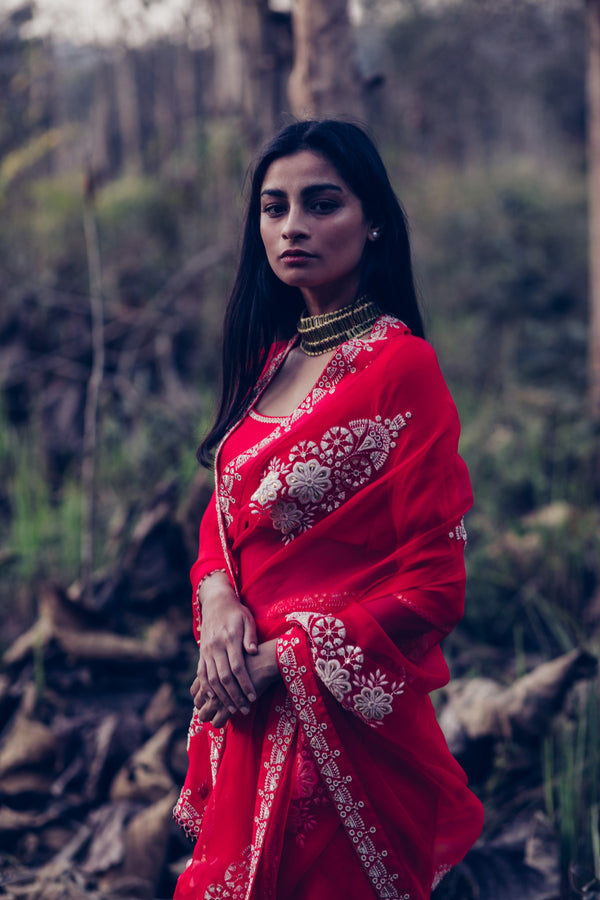 Madsam Tinzin-Poppy Red Saree With Blouse-INDIASPOPUP.COM
