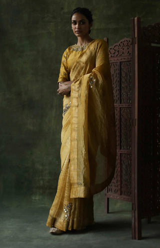 Begum Pret-Mustard Gulnaaz Sari With Blouse-INDIASPOPUP.COM