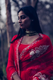 Madsam Tinzin-Poppy Red Saree With Blouse-INDIASPOPUP.COM
