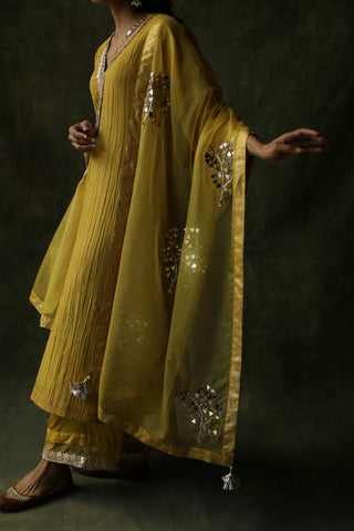 Begum Pret-Mustard Bahaar A-Line Cut Kurta Set-INDIASPOPUP.COM