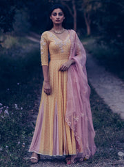 Madsam Tinzin-Yellow & Mauve Kalidar Kurta Set-INDIASPOPUP.COM
