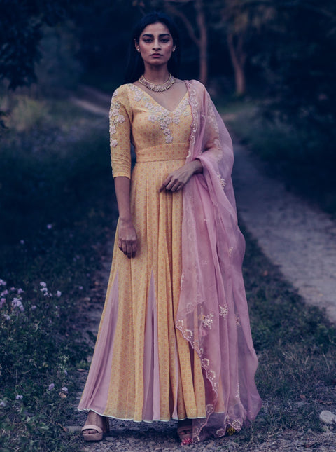 Madsam Tinzin-Yellow & Mauve Kalidar Kurta Set-INDIASPOPUP.COM