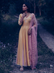 Madsam Tinzin-Yellow & Mauve Kalidar Kurta Set-INDIASPOPUP.COM