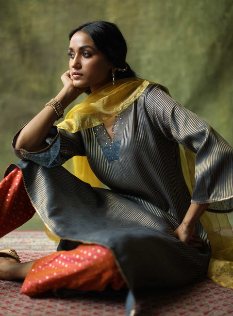 Begum Pret-Grey Nida Kurta Set-INDIASPOPUP.COM