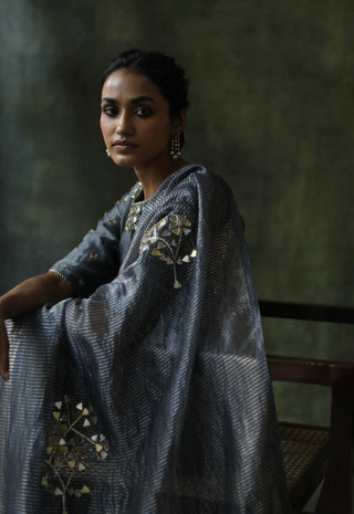 Begum Pret-Slate Grey Gulnaaz Sari With Blouse-INDIASPOPUP.COM