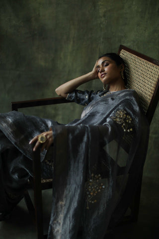 Begum Pret-Slate Grey Gulnaaz Sari With Blouse-INDIASPOPUP.COM