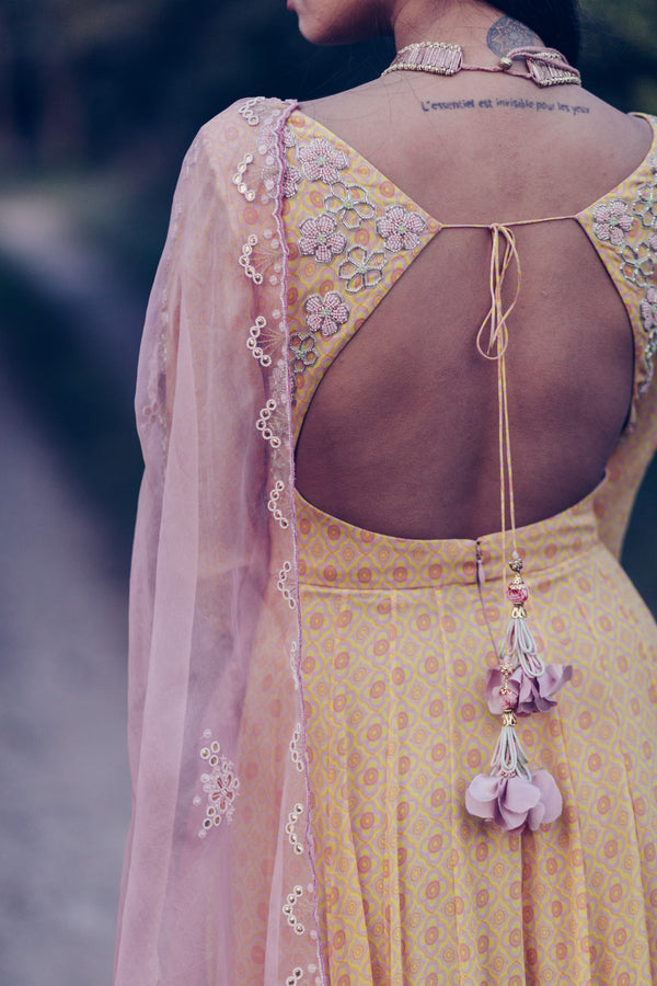 Madsam Tinzin-Yellow & Mauve Kalidar Kurta Set-INDIASPOPUP.COM