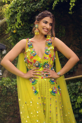 Papa Don'T Preach By Shubhika-Lime Embellished Jumpsuit With Cape-INDIASPOPUP.COM