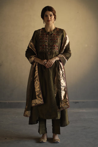 Begum Pret-Olive Green A-Line Kurta Set-INDIASPOPUP.COM