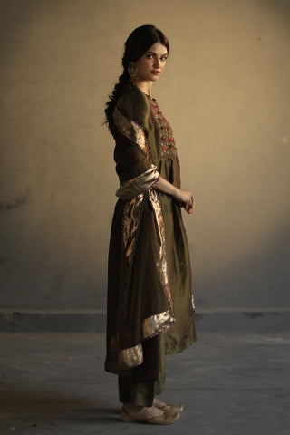 Begum Pret-Olive Green A-Line Kurta Set-INDIASPOPUP.COM