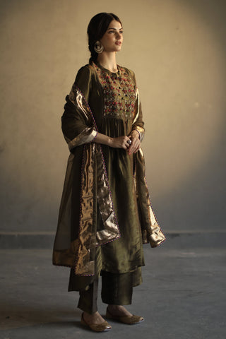 Begum Pret-Olive Green A-Line Kurta Set-INDIASPOPUP.COM