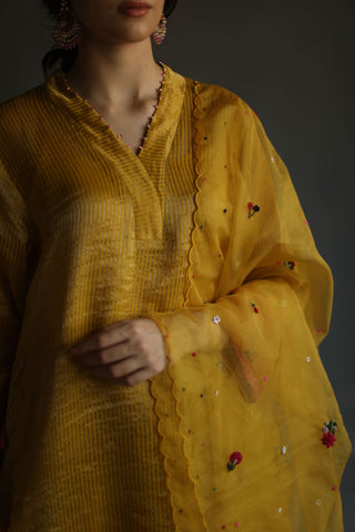 Begum Pret-Mustard A-Line Asymmetrical Kurta Set-INDIASPOPUP.COM