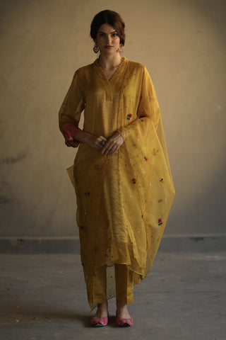 Begum Pret-Mustard A-Line Asymmetrical Kurta Set-INDIASPOPUP.COM
